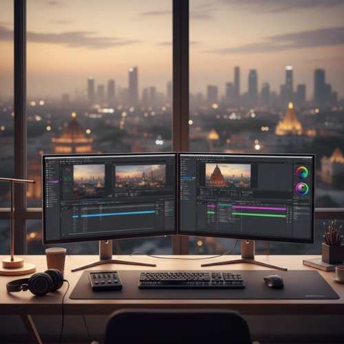 City Skyline Video Editing Workspace