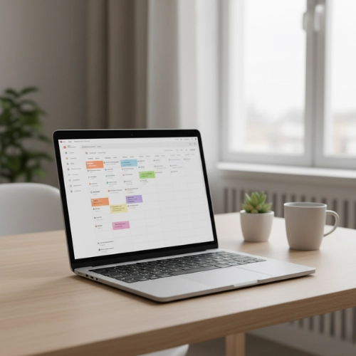 Laptop On Wooden Desk Workspace