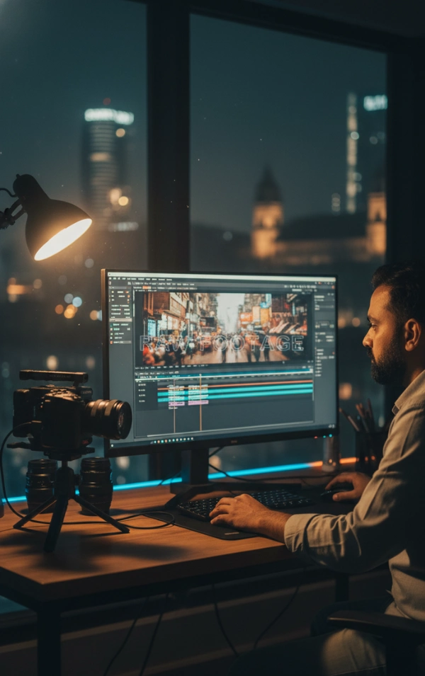Man Editing Video At Night