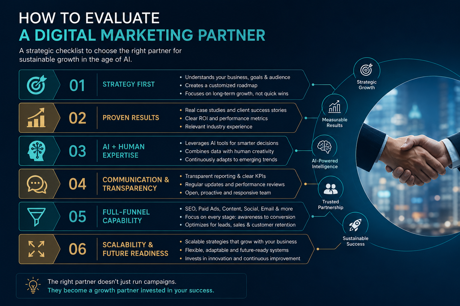 Evaluation framework for choosing the right digital marketing agency, outlining strategy, results, AI expertise, transparency, full-funnel capability, and scalability