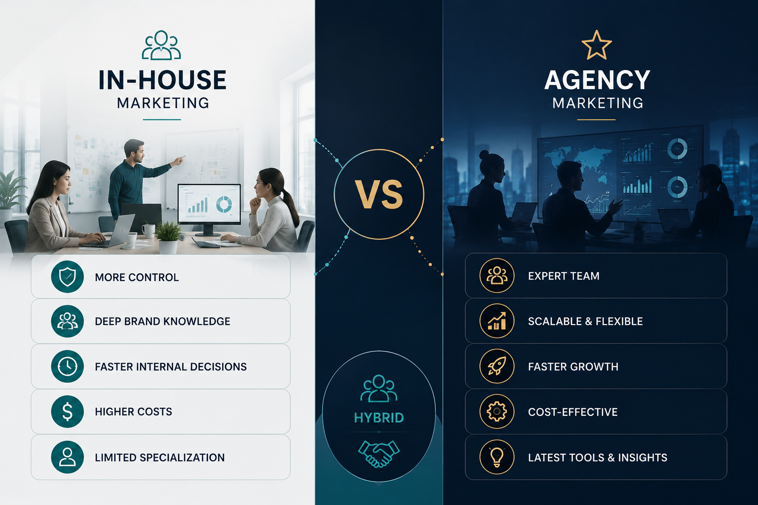 Comparison matrix of In-house Marketing vs. Agency Marketing, highlighting control and brand knowledge vs. expert team, scalability, and faster growth, with a hybrid middle ground