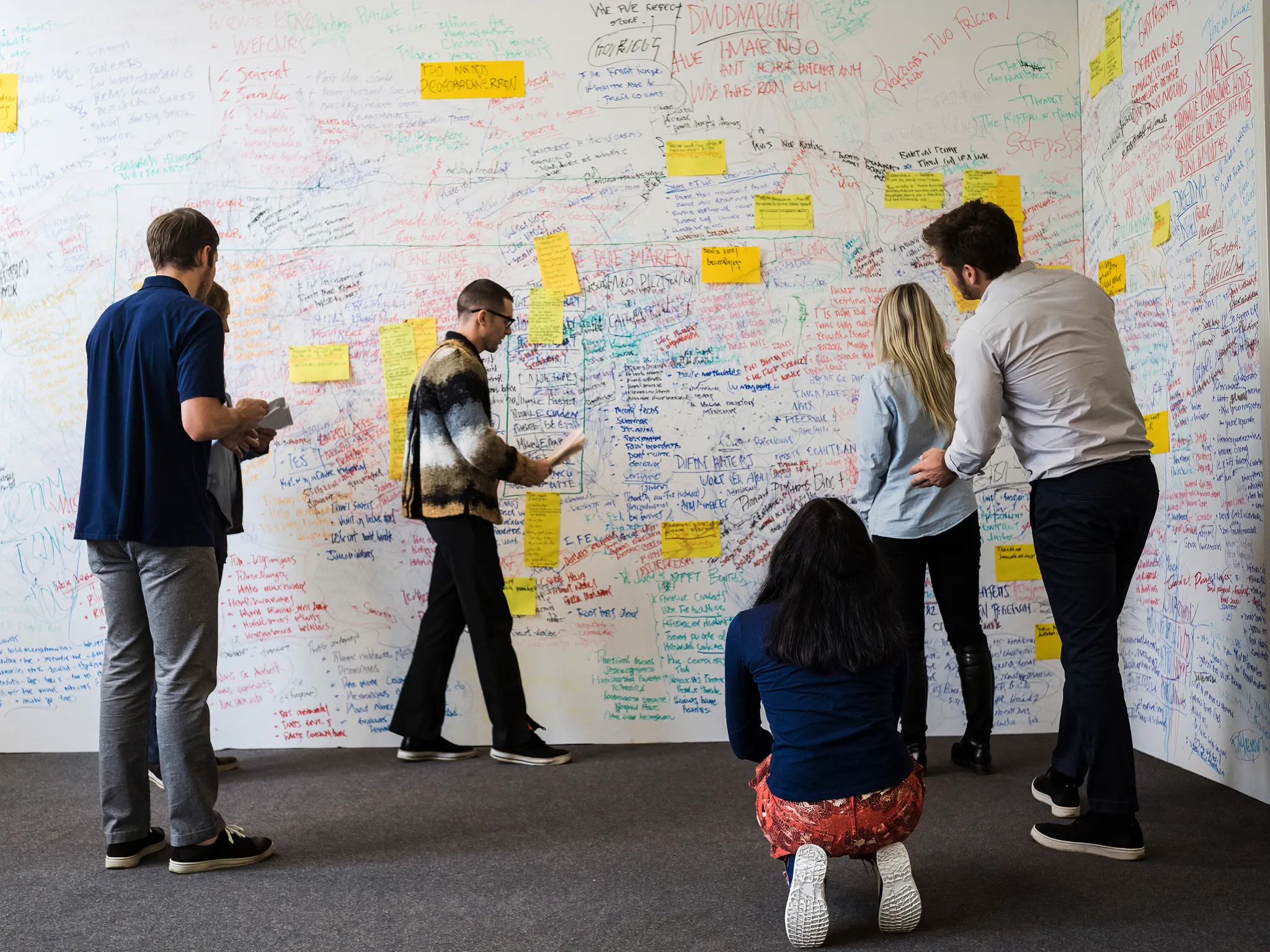 Highly collaborative ideation session with sticky notes and UI cards