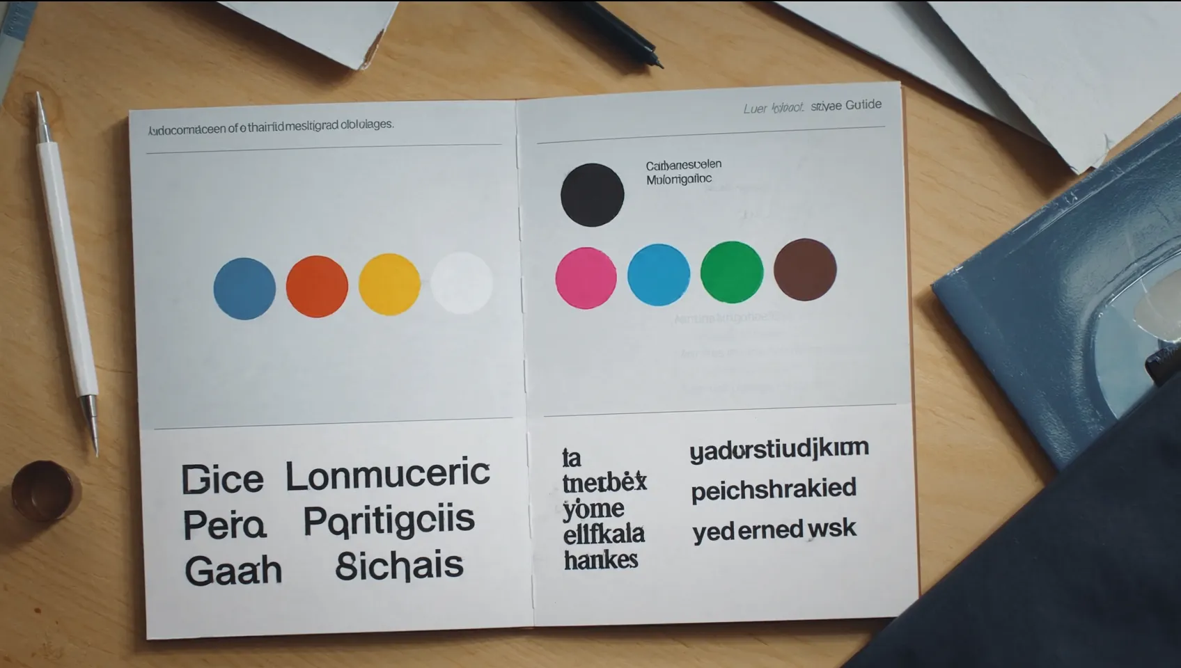 Brand style guide open on a desk showing logo, color palette, and typography choices