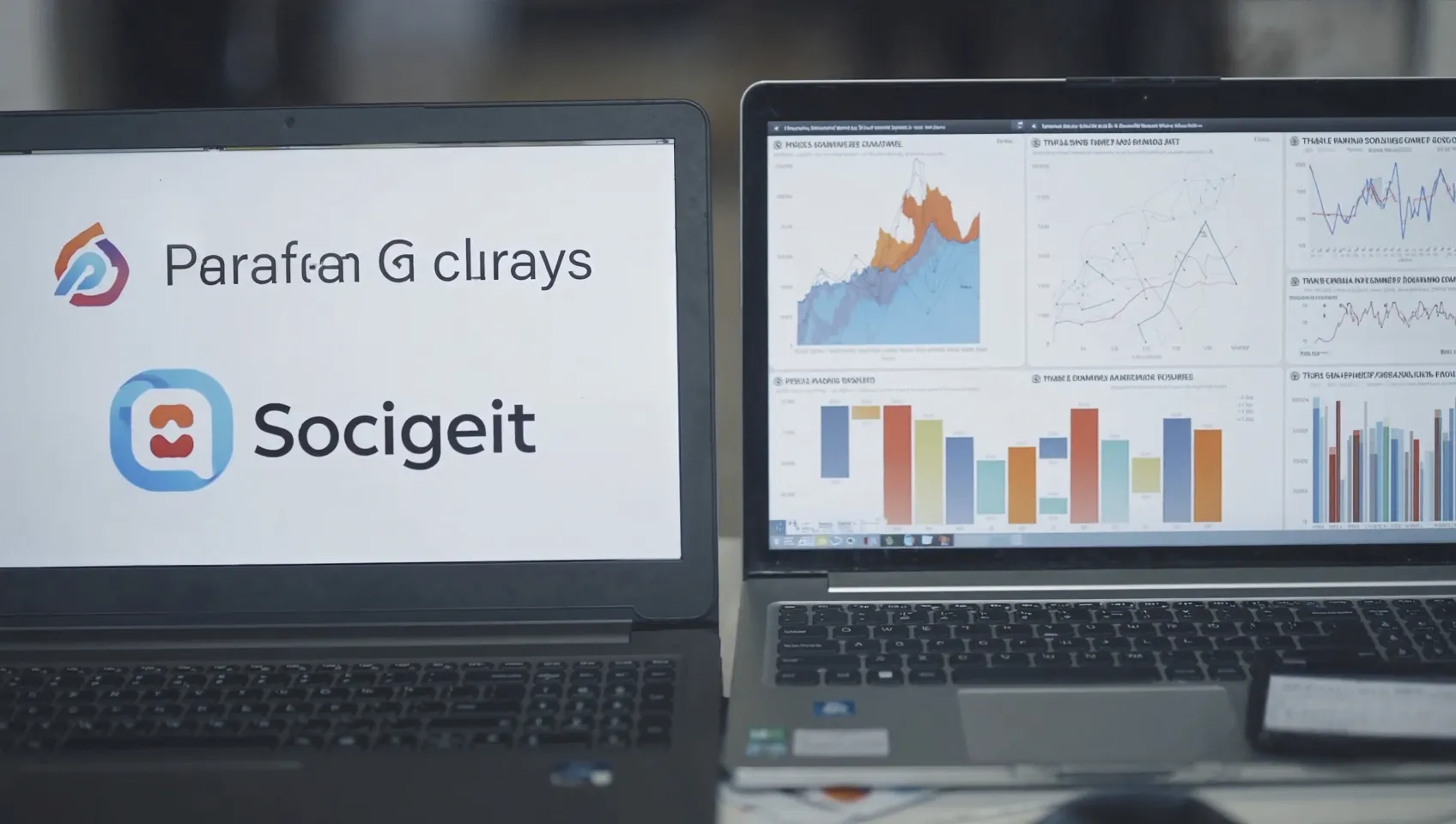 Marketing team comparing logos and analytics for several social media platforms on a laptop