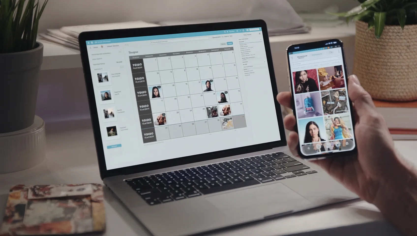 Business owner planning an Instagram content calendar on a phone and laptop