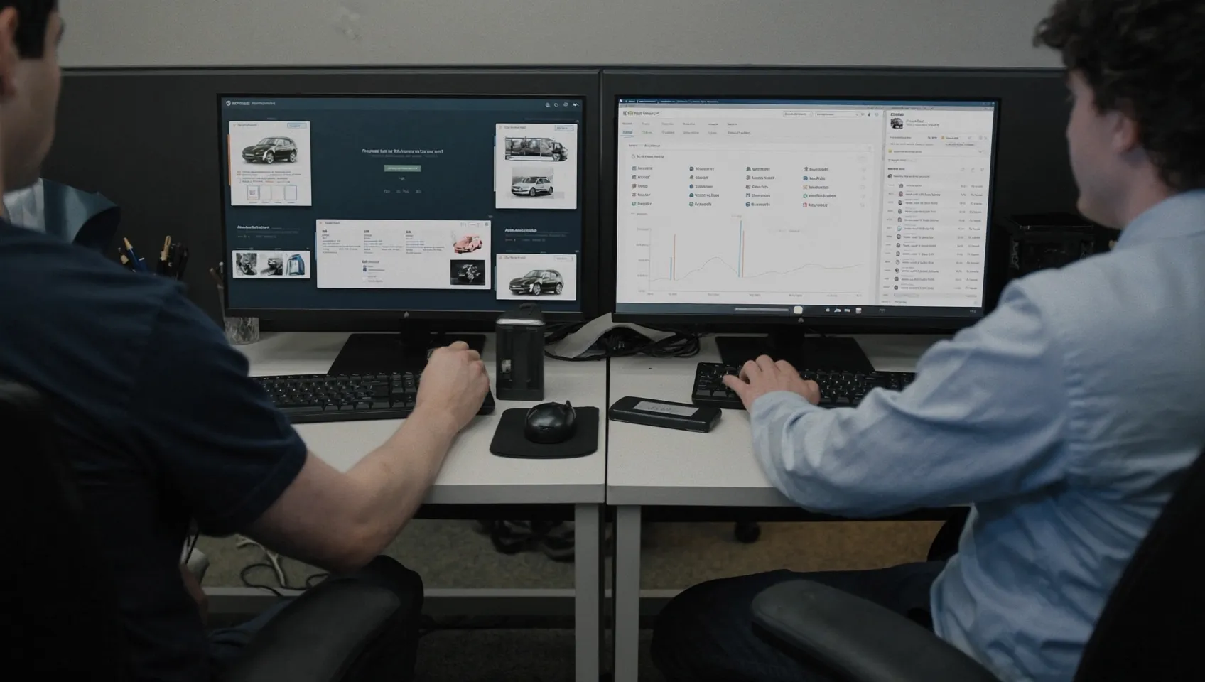Business owner comparing custom software mockups against an off-the-shelf platform dashboard