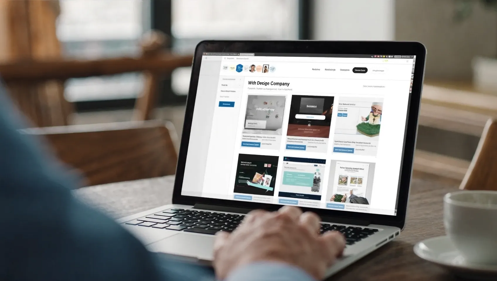 Business owner reviewing a web design company portfolio and past client work on a laptop