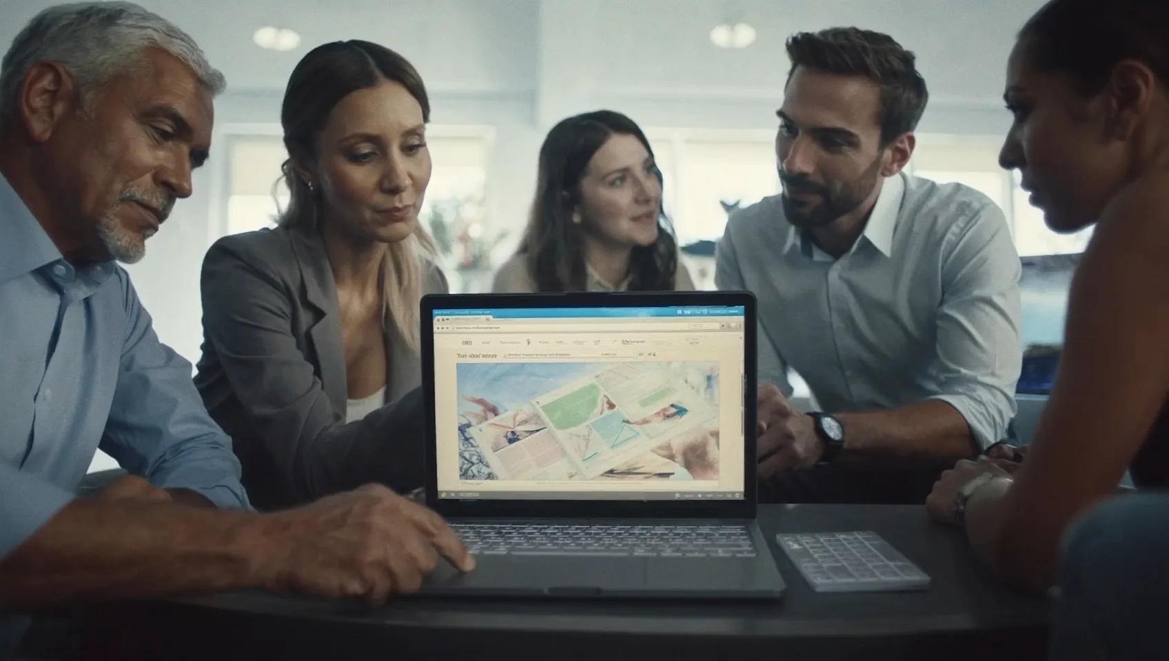 Business team reviewing a website redesign mockup together on a laptop