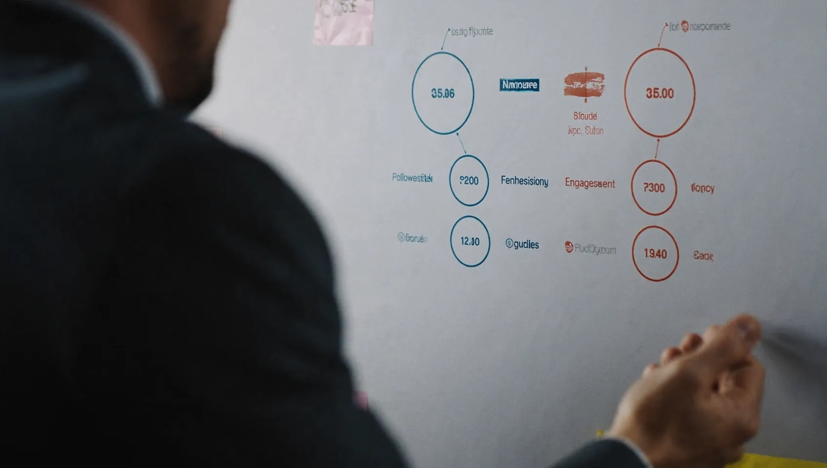 Team reviewing a chart comparing follower counts and engagement across platforms