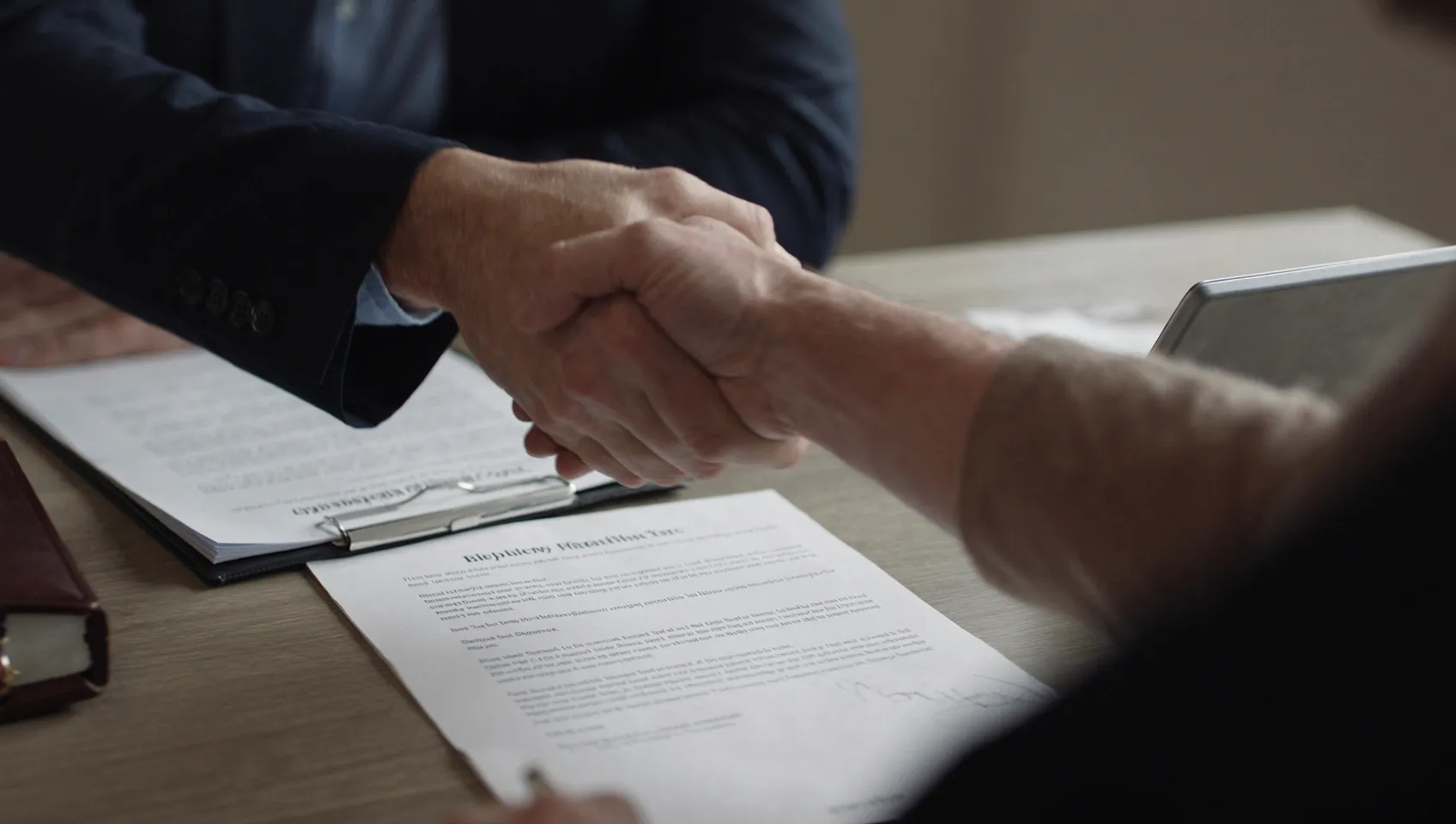 Client and web design company representative reviewing a signed project contract together