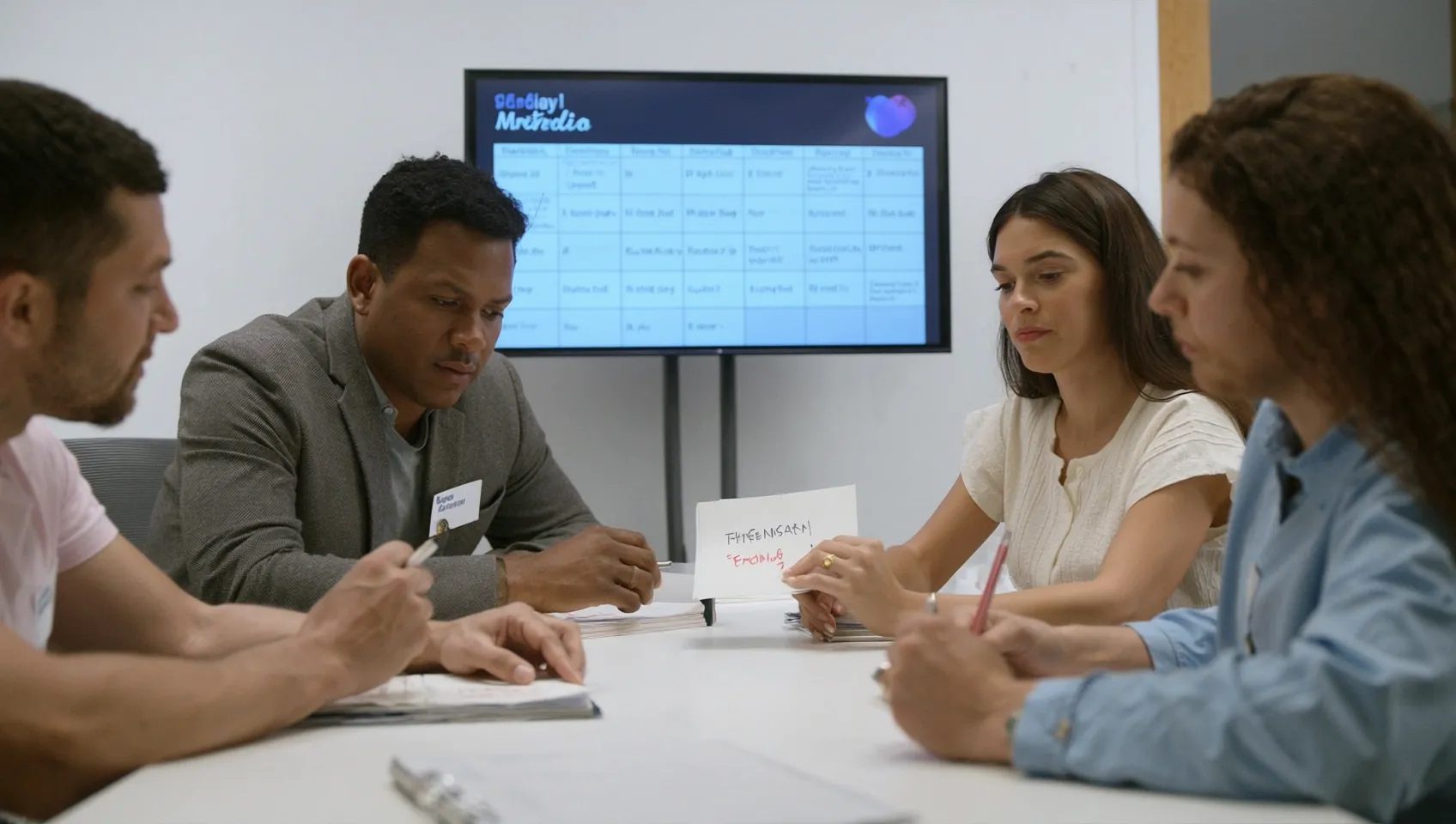 Rass E-Vision content team drafting captions from a content calendar template for businesses before scheduling them out
