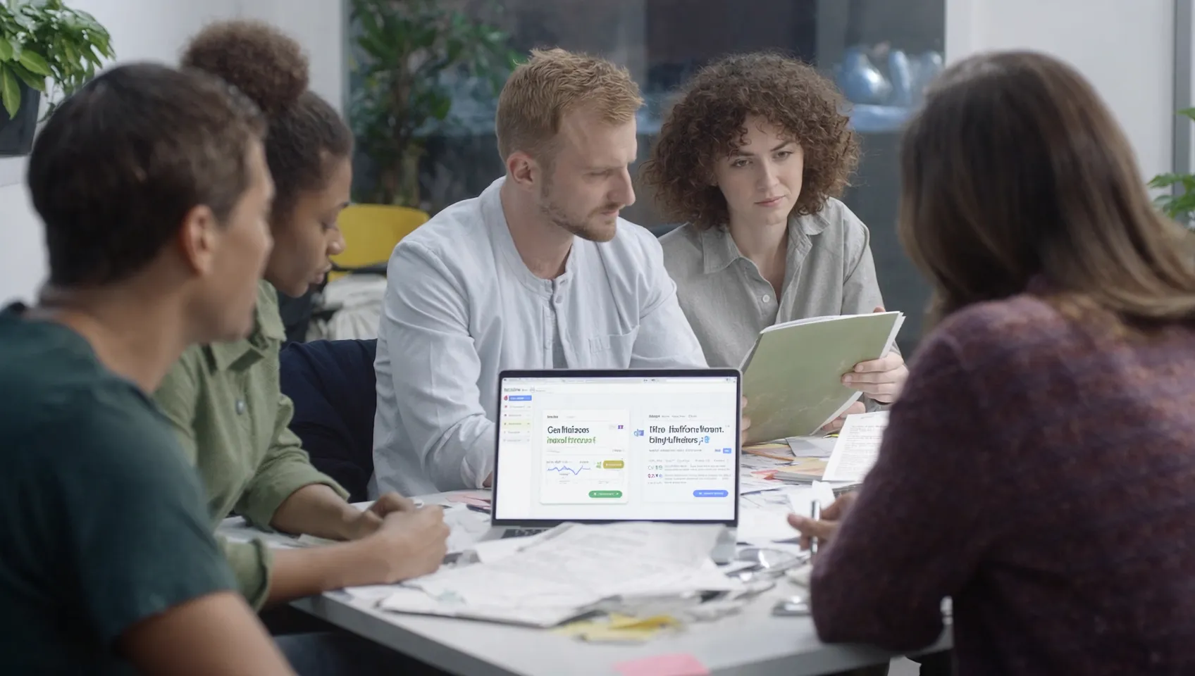 Marketing team reviewing A/B test results on a laptop screen together