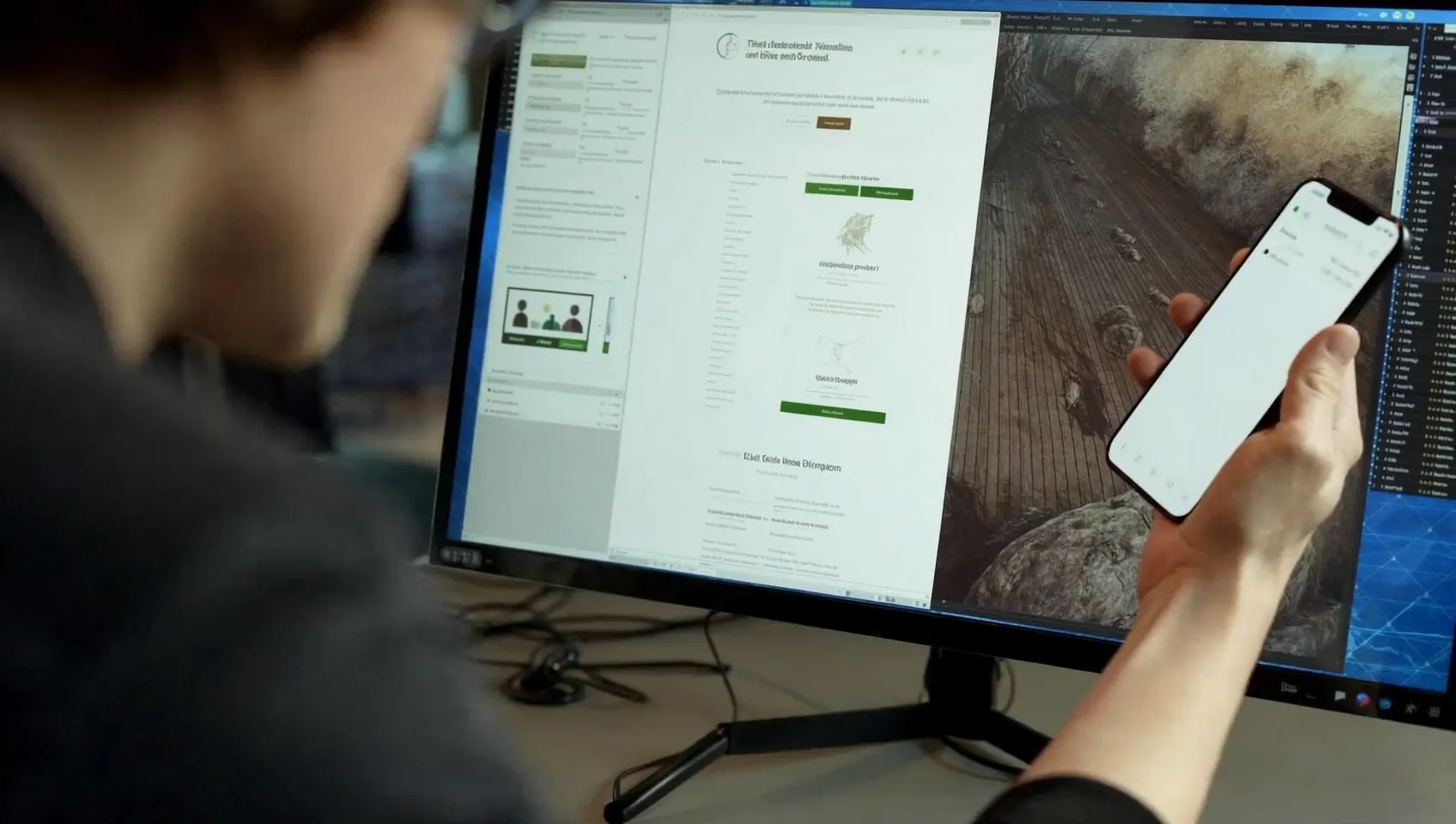 Web developer testing a redesigned website across desktop and mobile devices